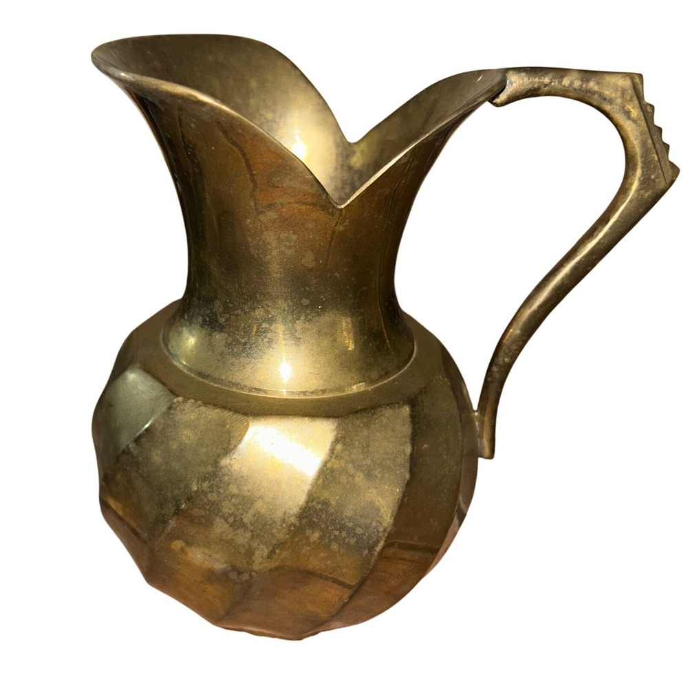 Vintage Solid Brass Pitcher Scalloped Rim Swirl Paneled Vase Made in India